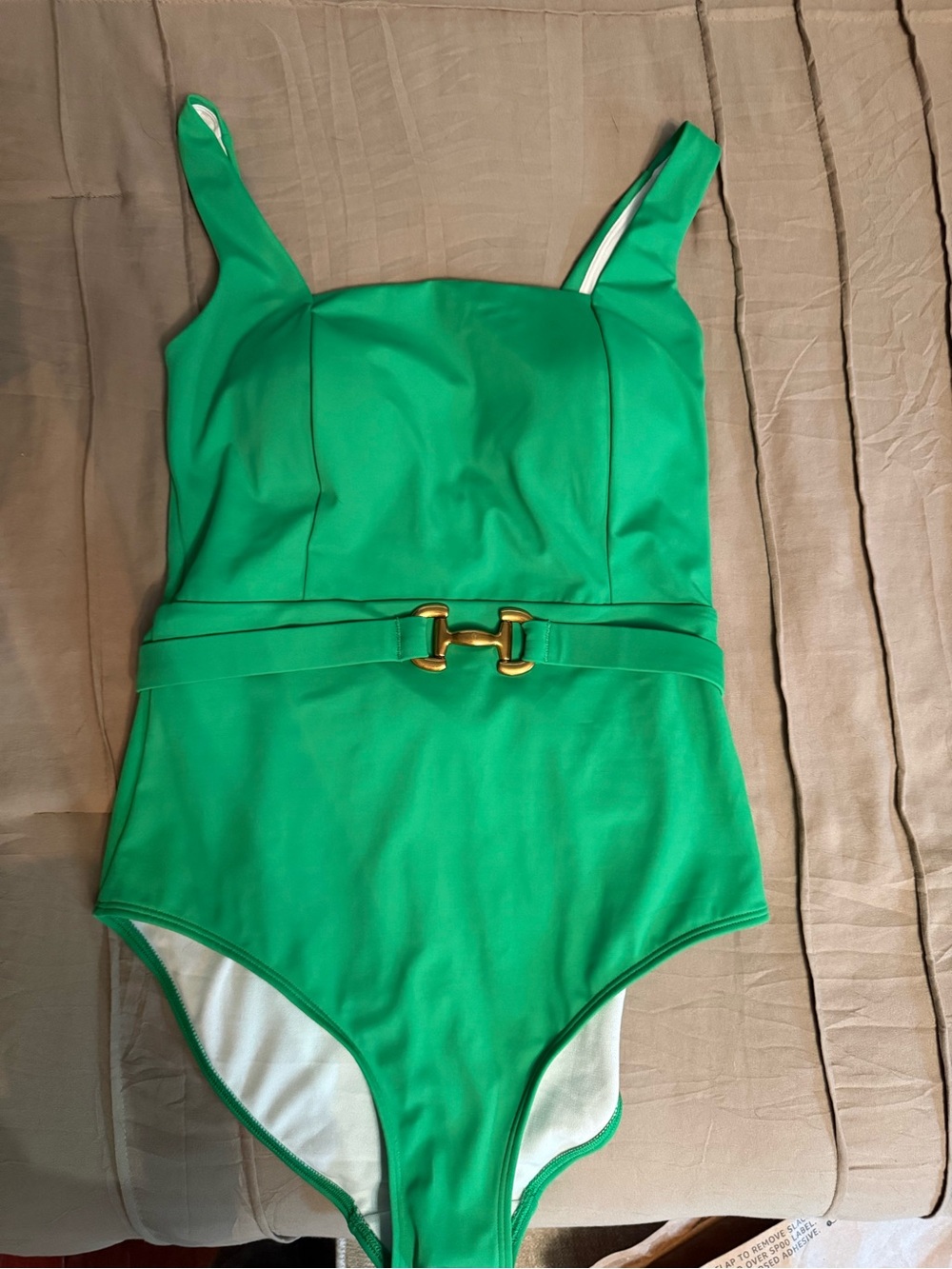 Womens' Boden Swim 8Long Green One-Piece Swim Suit with Gold Buckle